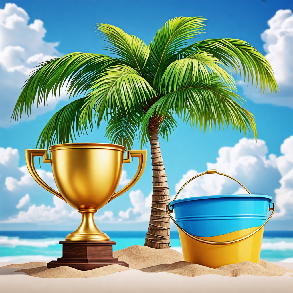 palm tree, trophy, pail